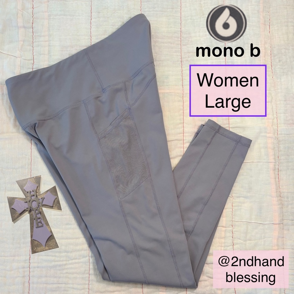 Mono B Women's Large Lavender Leggings, Side Mesh Pockets High Waist Full Length